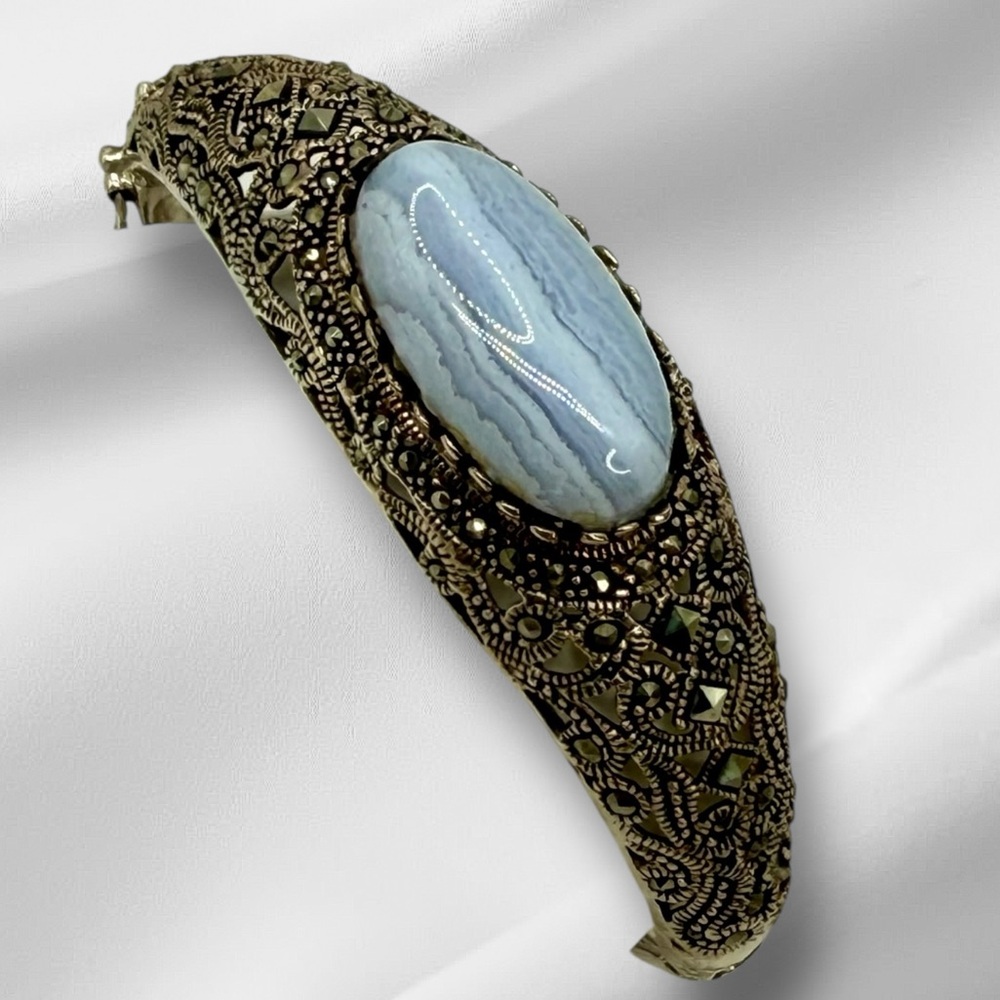 Vintage Sterling Silver Marcasite & Blue Lace Agate Hinged Bangle Bracelet 6.5-7 - Picture 6 of 17